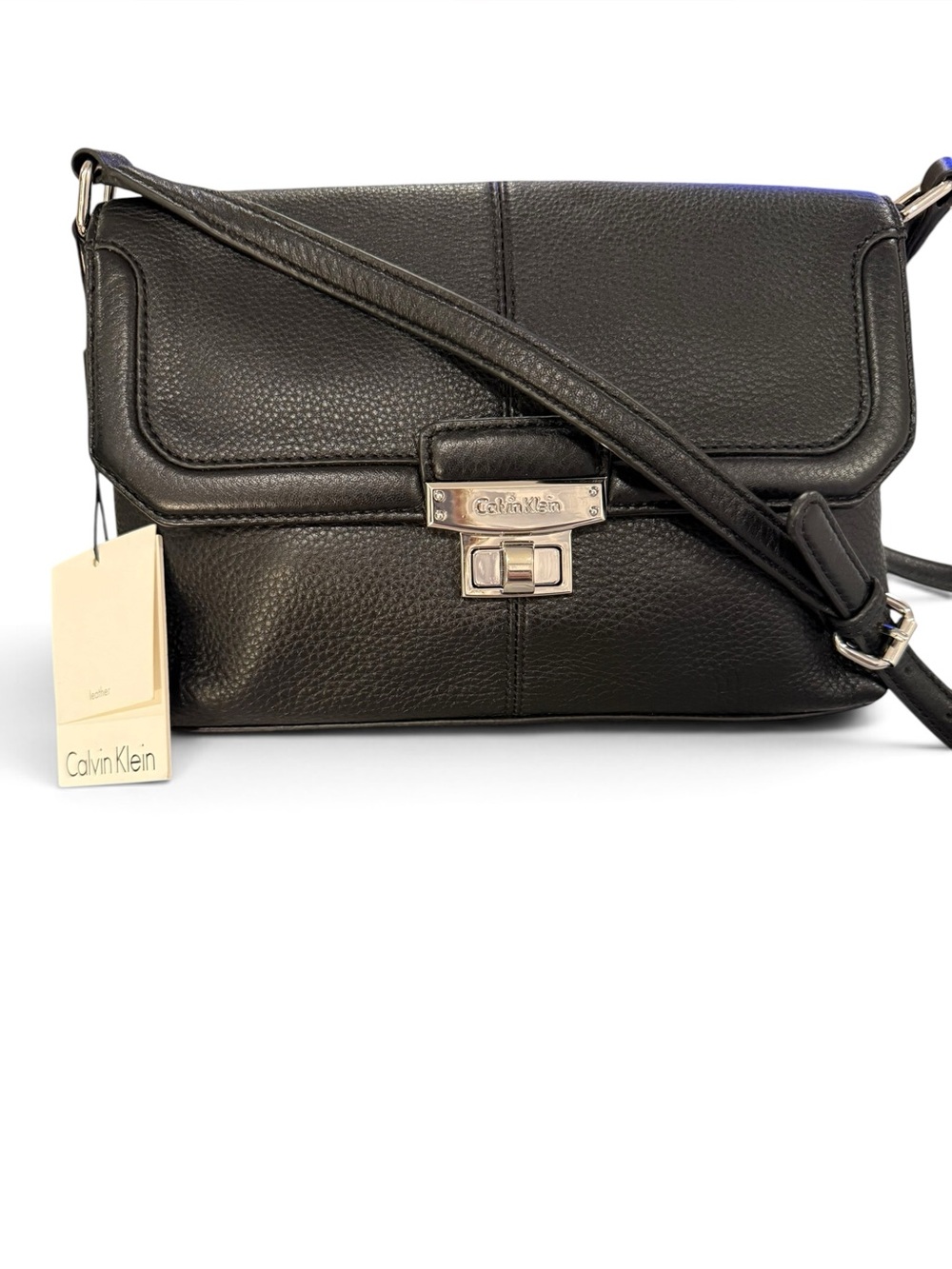 NWT Calvin Klein black pebbled leather turn-key crossbody bag